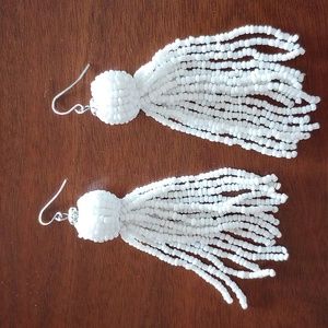 White Beaded Statement Tassel Dangle Earrings